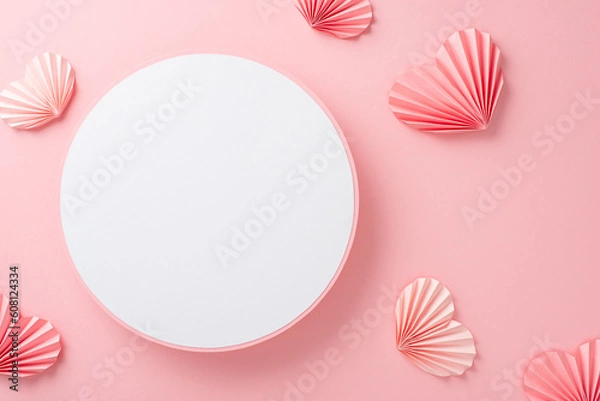 Fototapeta Top view photo of empty white circle with a pastel pink ribbon and paper origami hearts on an isolated light pink background with copyspace