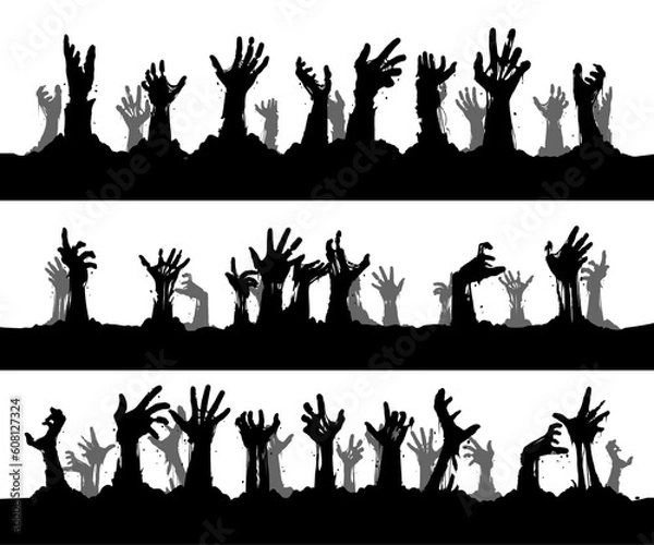 Obraz Vector silhouette illustration of many hands of zombie, isolated on whute background, hands reach up