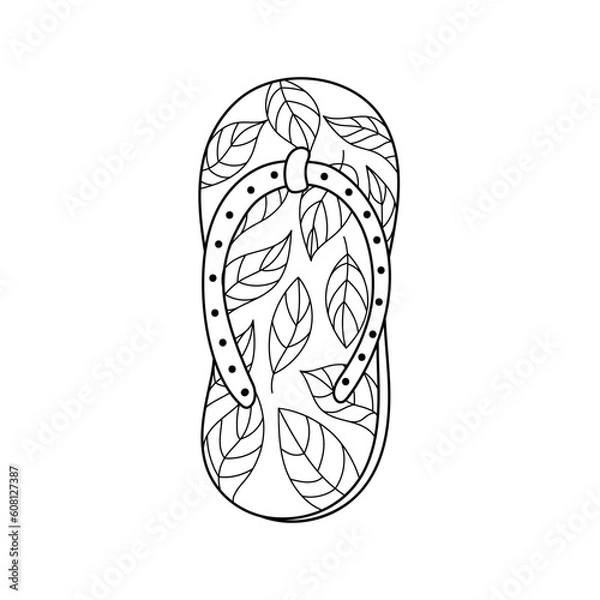 Fototapeta Hand drawn flip flop shoes in outline with leaves pattern. Pair of doodle slippers coloring page. Hand drawn shoes logo. Vector illustration