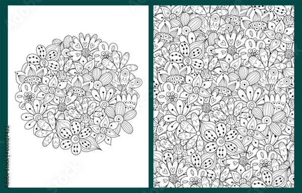 Fototapeta Coloring pages set with hand drawn flowers in zentangle style. Doodle floral templates for coloring book in US Letter format. Collection with black and white backgrounds. Vector illustration