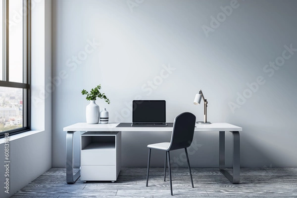 Fototapeta Modern simple office interior with furniture, equipment, decorative items and window with city view. 3D Rendering.