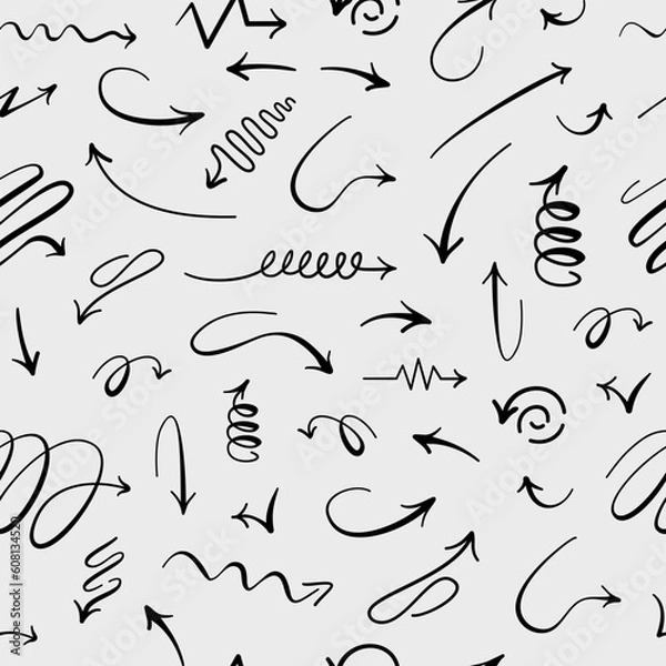 Fototapeta Vector illustration of pattern of hand drawn arrows in black color with sketch doodle style. Seamless pattern arrow. Perfect for backgrounds, textures, or decorative elements in various media