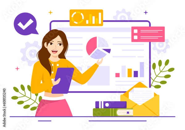 Fototapeta Market Research and Analysis Vector Illustration with Team Management and Analytics for Making Data Statistics in Flat Cartoon Hand Drawn Templates