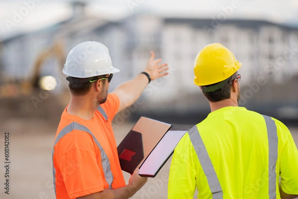 Fototapeta Worker pointing out. Construction worker with hardhat helmet on construction site. Engineer worker in builder uniform. Portrait of builder ready to build new house.