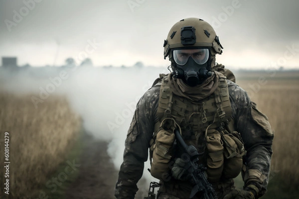 Fototapeta A group of modern-day soldiers in full equipment conducts a patrol in an unurbanized area created with generative AI technology