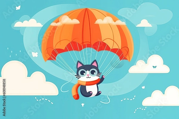 Obraz cute cat is flying on parachute in sky. Hand-drawn illustration for a children's book. Generative AI