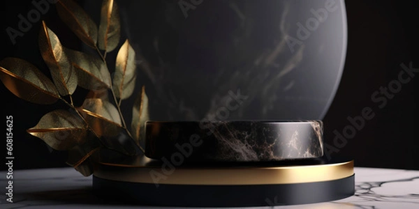 Fototapeta Podium made of black marble with gold, pedestal or platform. Advertising scene. Blank product stand. Generative AI