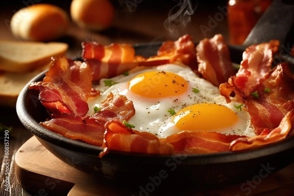 Fototapeta Fried egg in a pan with bacon, beautifully served and decorated generativ ai