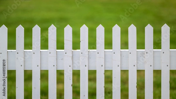 Fototapeta White rustic picket fence in front of green grass