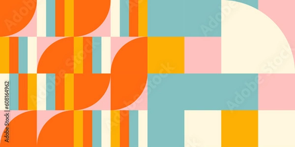 Fototapeta Modern vector abstract  geometric background with circles, rectangles and squares  in retro scandinavian style. Pastel colored simple shapes graphic pattern. Abstract mosaic artwork.