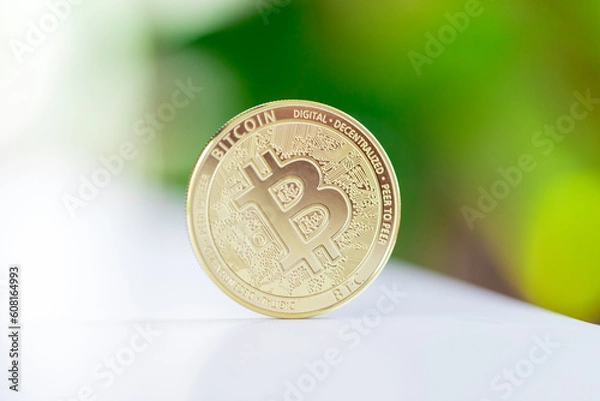 Fototapeta Bitcoin on defocused background.