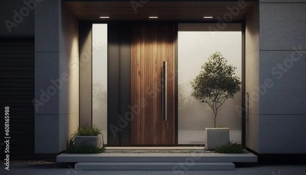 Fototapeta Modern luxury house front door with metal handle, big glass side panels and potted plant. Generative AI