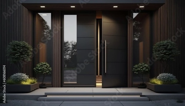 Fototapeta Modern luxury house front door with metal handle, big glass side panels and potted plant. Generative AI