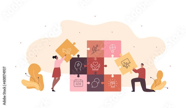 Obraz Soft skill for business concept collection. Vector flat character illustration. Man and woman team make jigsaw puzzle of competencies symbol isolated on white. Design for corporate training, business