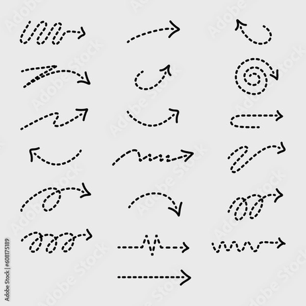 Fototapeta Vector illustration Set of hand drawn arrows in dashed line style. Sketch doodle style. Perfect for backgrounds, textures, or decorative elements in various media