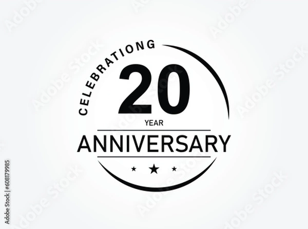 Obraz 20 years anniversary pictogram vector icon, 20th year birthday logo label, black and white stamp isolated.