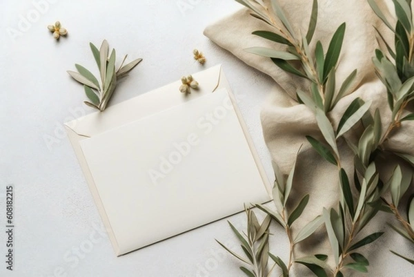 Fototapeta Summer wedding stationery with olive tree brunches. Blank greeting card invitation mockup on the table. Generative AI