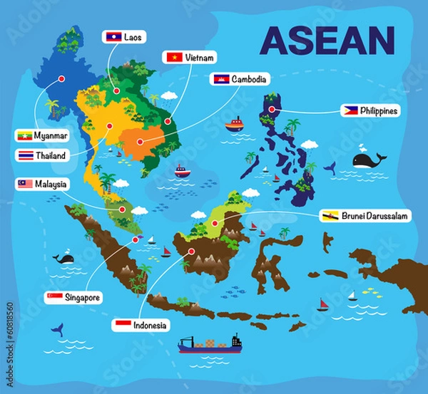 Obraz Kreskówka mapa Asean, Azja, AEC