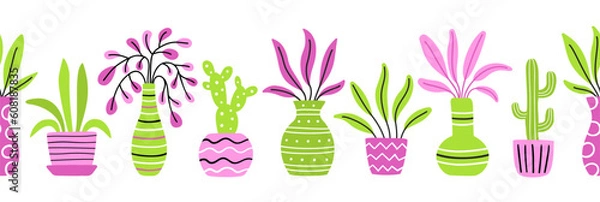 Obraz Seamless border of bright colorful potted plants. Home flower growing collection. Green and pink trendy background. EPS 10 vector houseplant hand drawn design flat style illustration.
