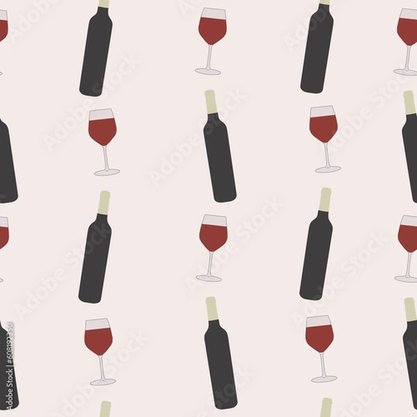Fototapeta Pattern with wine glasses and bottle. Wine concept. Weekends and chill concept.
