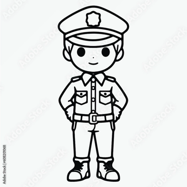 Obraz Vector Illustration: Cute Policeman Coloring Page with Sharp Black Lines