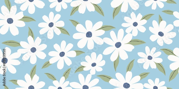 Fototapeta Seamless hand drawn floral pattern for print, Minimalist botanical background with white flower vector.
