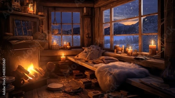 Fototapeta fireplace in the cabine, cabin in the wood, romantic mood, ai generated