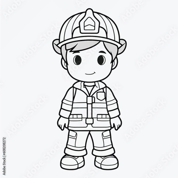 Fototapeta Kids Coloring Page: Beautiful Firefighter with Crisp Lines and Simple Shapes
