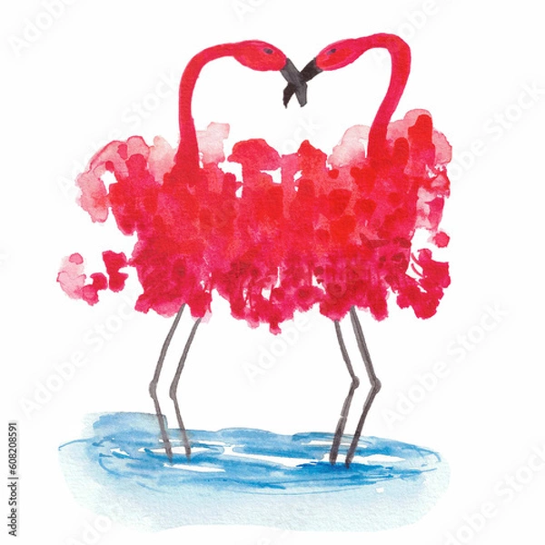 Obraz watercolor illustration red flamingos. two flamingos dancing in a splash. 