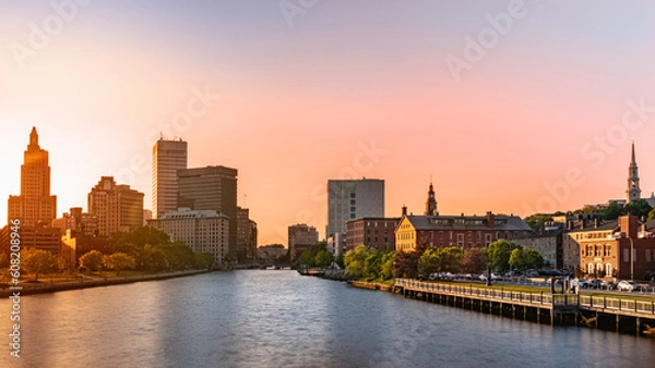 Fototapeta Providence downtown skyline and buildings at hazy dusk over Providence River Walk, Rhode Island