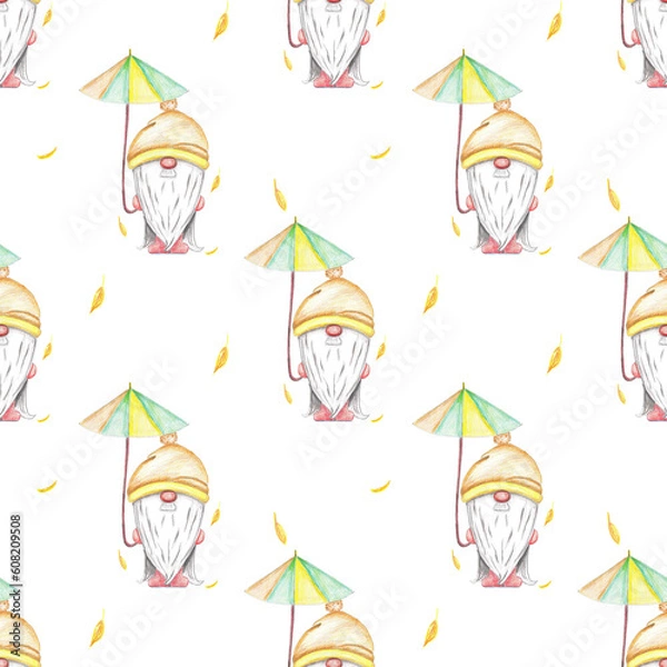 Obraz Seamless pattern with an autumn dwarf. book cover print, children's illustration. character. wrapping paper print. bed linen. dwarf with umbrella  