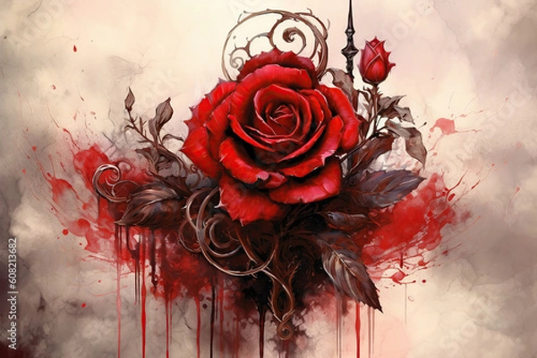 Fototapeta red rose fantasy art on grunge background, Generative AI