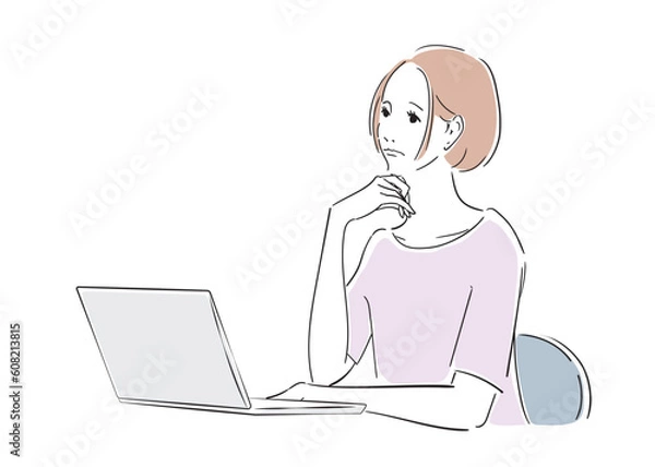 Fototapeta ノートパソコンで作業をしながら悩む女性
