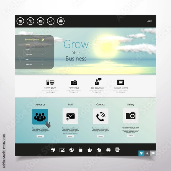 Fototapeta Website template Vector. with photorealistic sunrise, sea 