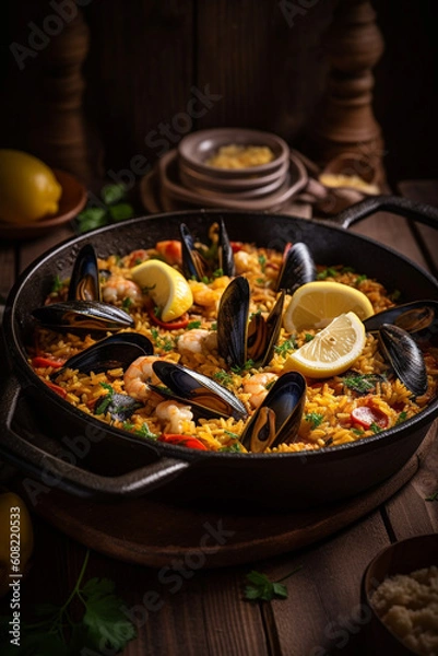 Fototapeta Seafood paella on wooden table. Moody light. Generative AI