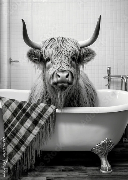 Obraz Highland cattle cow in Bath, black and white cattle bathing in the bathtub, funny animal, bathroom Interior safari poster, generative ai