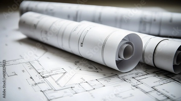 Fototapeta Architect rolls and architectural plan, technical project generative ai
