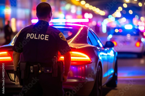 Fototapeta cop and police car, city patrol with red and blue flashing lights generative ai