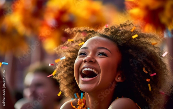 Fototapeta A joyful girl celebrates her team's point, her looking is joyful and exultant - ai generative