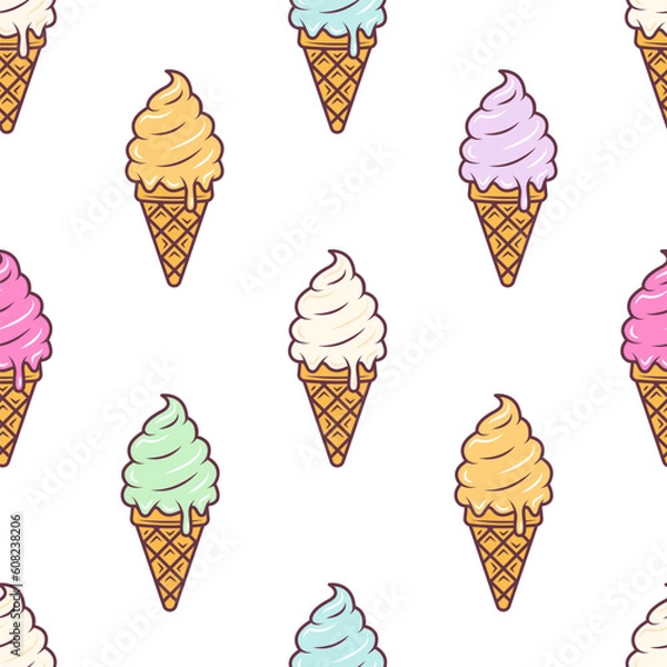 Fototapeta Creamy ice cream cone seamless pattern cartoon style. Vector illustration isolated on white background