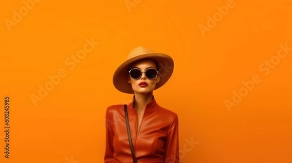 Fototapeta Banner of a young woman in dark sunglasses, an orange leather jacket, stylish hat and red lips. Trendy modern fashion.  Clean, orange background for design, copy space