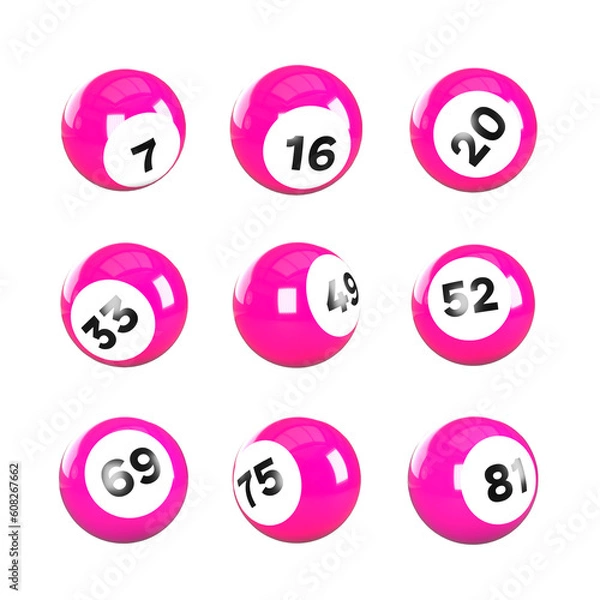 Fototapeta Collection of 9 candy pink bingo balls. 3D rendered bingo balls with numbers. Transparent background PNG.