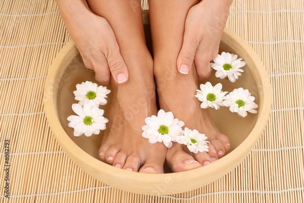 Fototapeta beautiful legs and hands with perfect french pedicure