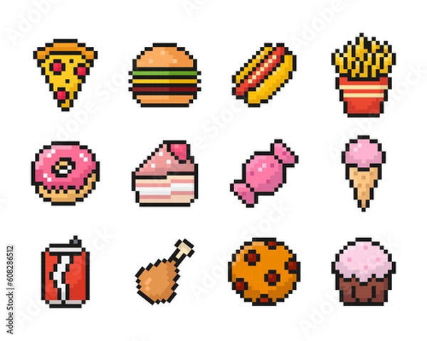 Obraz fast food pixel art set of icons, vintage, 8 bit, 80s, 90s games, computer arcade game items, cookie, ice cream, candy, vector illustration