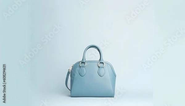 Fototapeta Beautiful trendy smooth youth women's handbag in gentle blue color on a light blue studio background