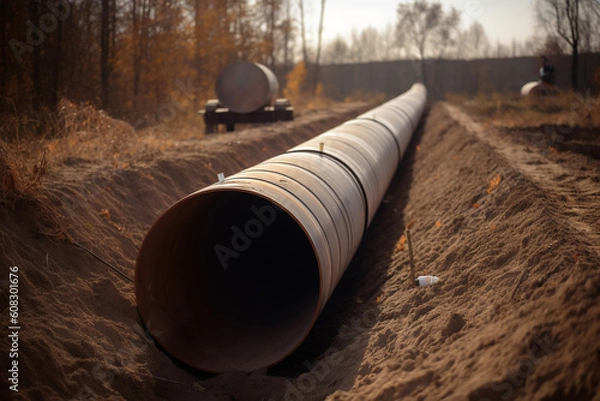 Fototapeta industrial Gas and Oil Installation: Digging Trench for Natural Gas Pipeline Construction made with Generative AI