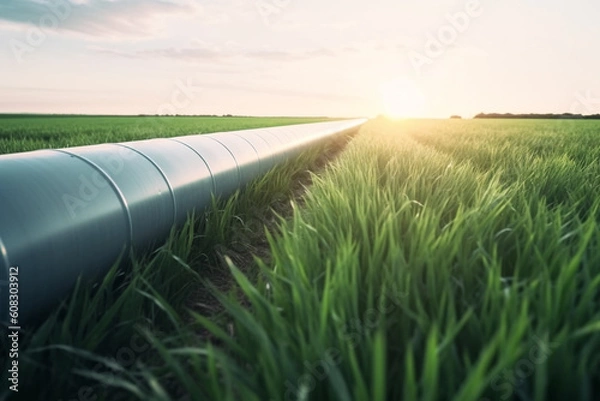Fototapeta hydrogen pipeline in grass field highlighting eco-friendly, carbon-neutral energy alternatives replacing residential natural gas made with Generative AI