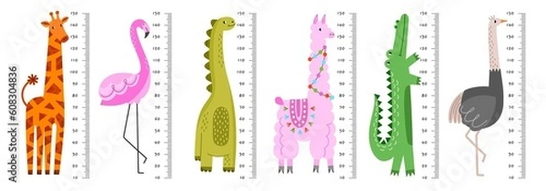 Obraz Kids cute growth rulers. Funny exotic animals, child height measuring, cartoon dinosaur, giraffe, ostrich, crocodile and llama, vector set