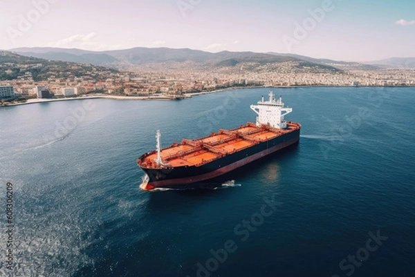 Fototapeta tanker transporting and storing oil for shipment, during clear skies and calm sea conditions at noon, Generative AI