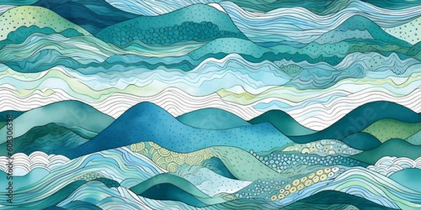 Fototapeta Seamless Abstract playful hand drawn fine line watercolor stripes rolling hills landscape pattern in teal blue and white. Boy or nautical theme. High resolution textile texture background.